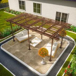 Render of a brown pergola over a patio with lounge seating