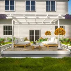 Render of a white pergola over a patio lounge set behind a house