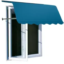 Series 4300 fabric window awning in teal over an open casement window