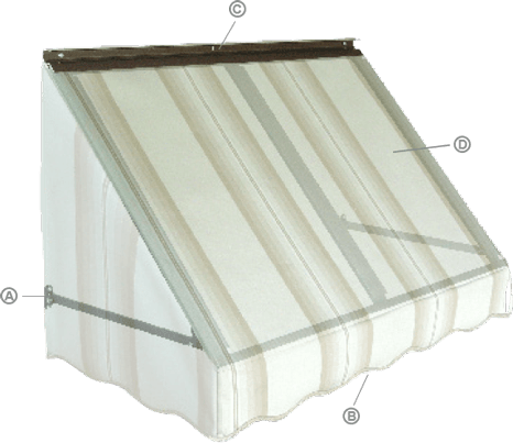 Exploded diagram of a fabric window awning with numbered parts