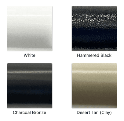 Four railing finish swatches — white, hammered black, charcoal bronze and desert tan clay