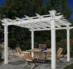 White Venetian pergola over a paved patio with a wooden dining set