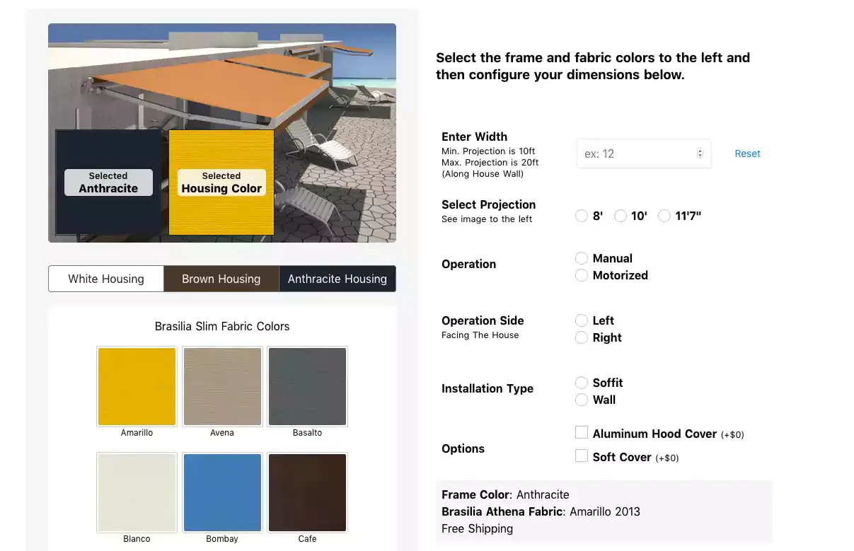 Athena awning configurator showing housing colour, width, projection, operation and fabric colour options