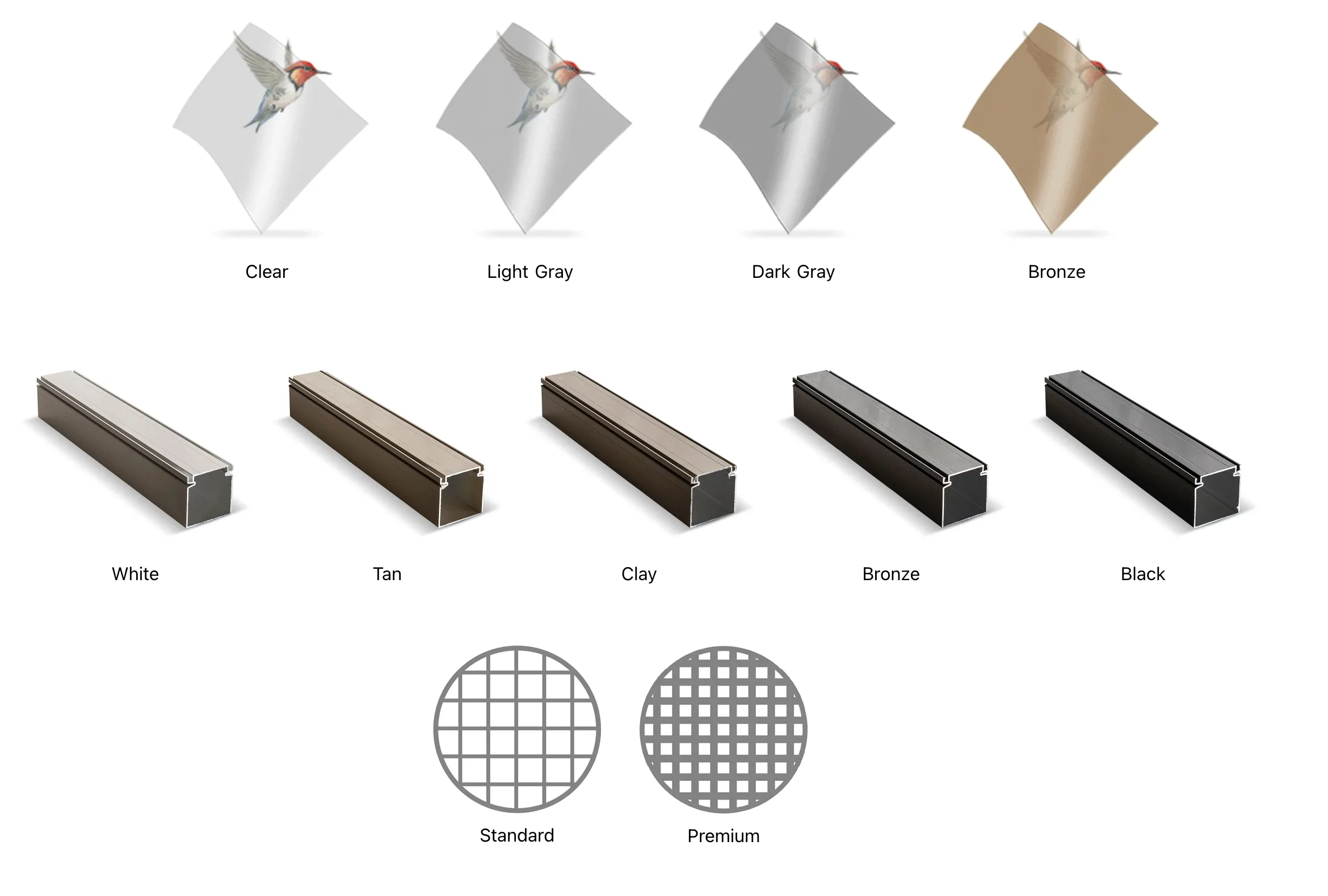 C Series options showing clear, light grey, dark grey and bronze vinyl, frame colours and standard or premium screen