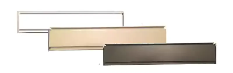 Three patio cover frame colour samples — white, sandstone and bronze