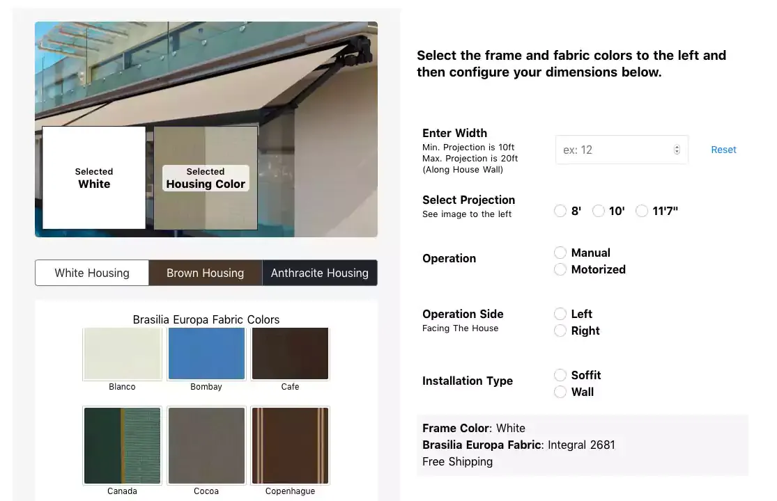 Europa awning configurator showing housing colour, width, projection and fabric colour options
