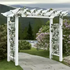 White Fairfield arbour with lattice sides and climbing vines