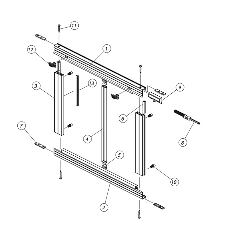 Exploded parts diagram of a four track window with numbered components