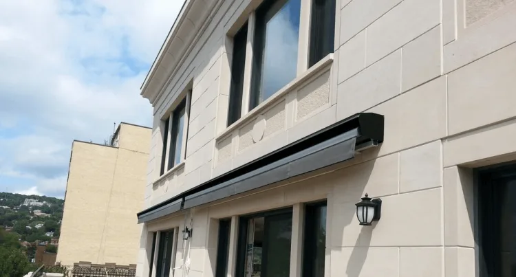 Hood cover awning housing on a stone building