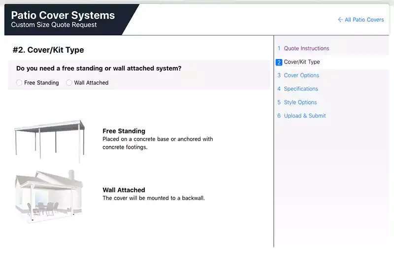 Patio cover quote form asking whether the system is free standing or wall attached