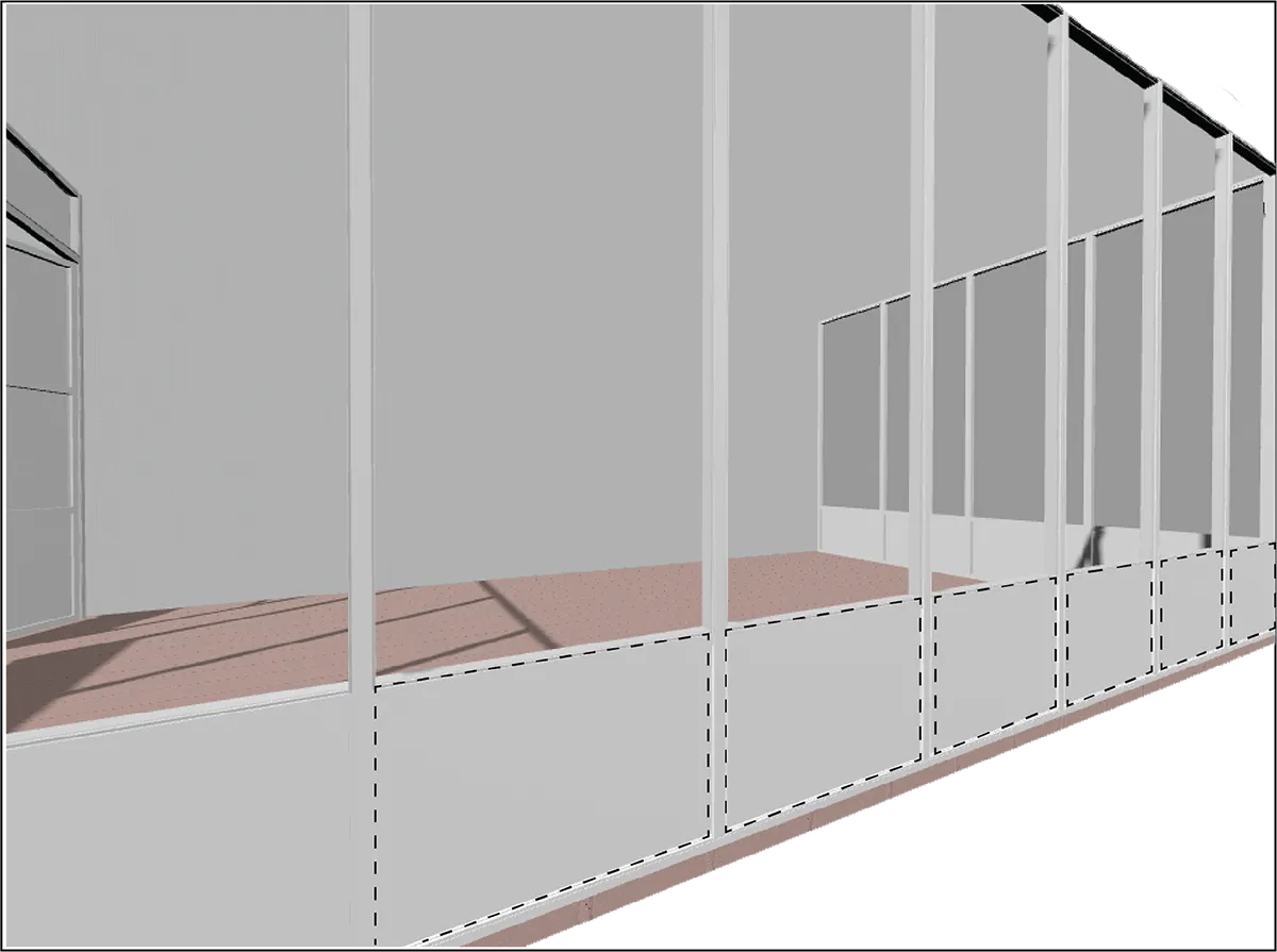 Render of a screen wall with a kickplate along the base