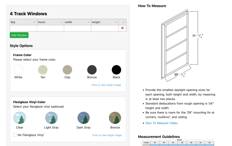 Four track window builder showing frame colour and Flexiglaze vinyl colour options with measuring guidance