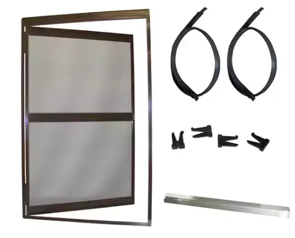 Screen door panel with its hinges, brackets and track