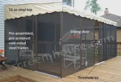 Labelled diagram of a PatioMate screen enclosure showing the 11 oz vinyl top, pre-screened steel frames, sliding door and threshold kit