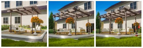 Three pergola size options shown side by side over a patio