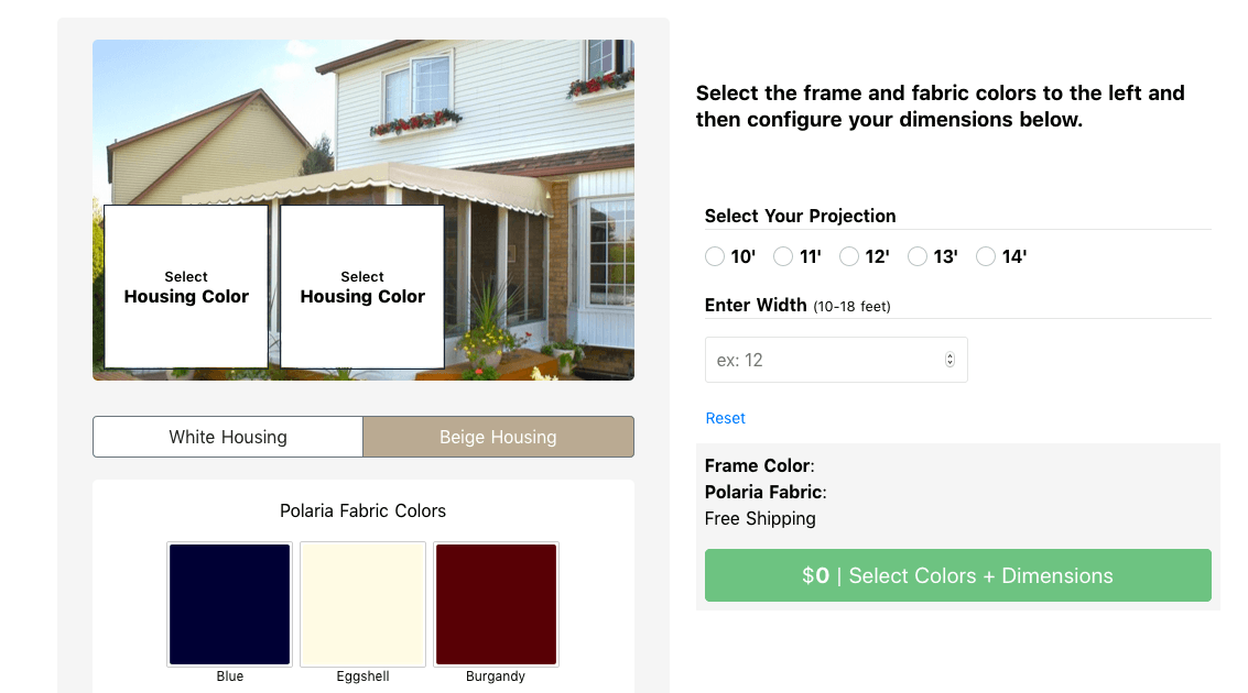 Polaria configurator showing housing colour, projection, width and fabric colour choices