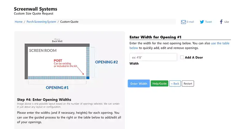 Screen wall custom quote form showing opening width entry with a diagram