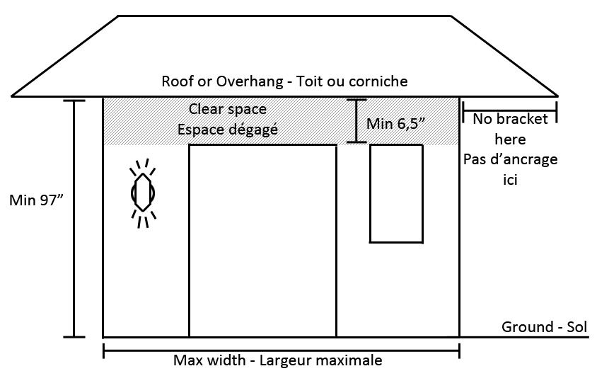 Installation clearance diagram for a slim awning showing minimum 97 inch height, 6.5 inch clear space and no-bracket zone