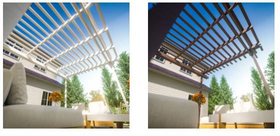 Two pergola colour options shown side by side — white and bronze louvres