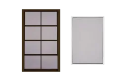 Two screen panel types shown side by side — a dark colonial grid frame and a plain white frame
