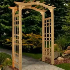 Cedar arbour with flat pergola top and lattice sides on a paved garden path