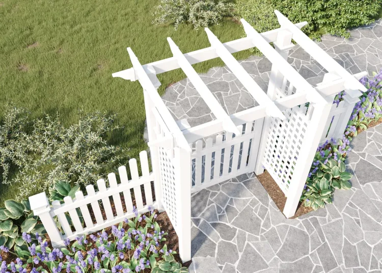 White vinyl arbour with picket gate wings over a flagstone path