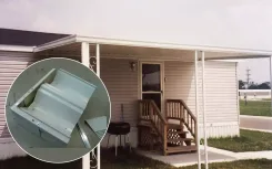White W pan patio cover over a mobile home entrance, with an inset cutaway of the panel profile